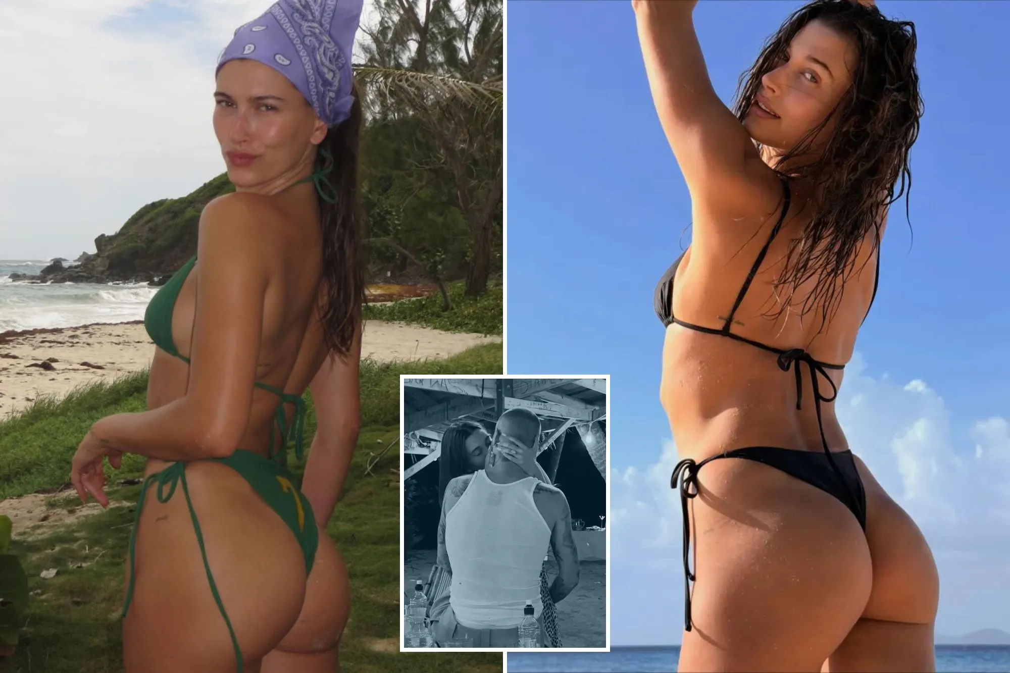Hailey Bieber reveals bare bum in tiny thong bikini and makes out with  husband Justin in steamy pics on private island